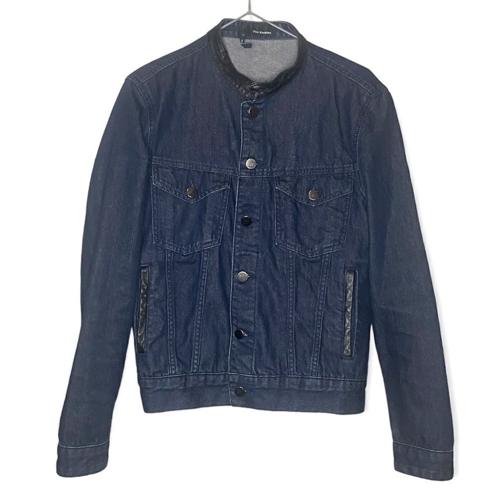 The Kooples Blue Dark-Wash Leather-Trim Classic Denim-Jean Jacket Size XS